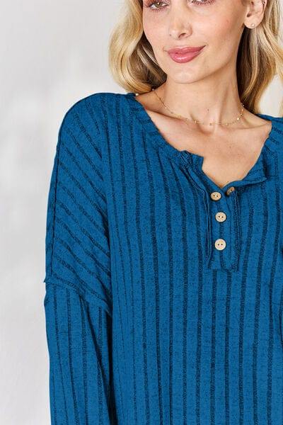 Basic Bae Full Size Ribbed Half Button Long Sleeve T-Shirt - Trendsi