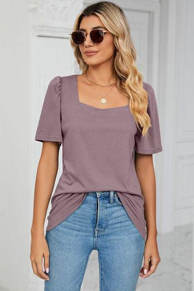 Square Neck Short Sleeve T-Shirt - Trendsi - Flyclothing LLC