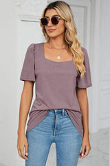 Square Neck Short Sleeve T-Shirt - Trendsi - Flyclothing LLC