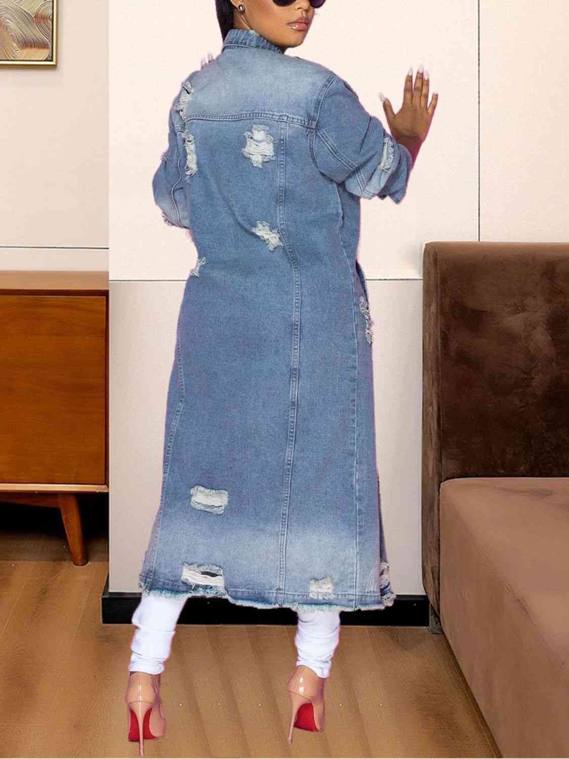 Long Sleeve Raw Hem Denim Jacket - Trendsi - Flyclothing LLC