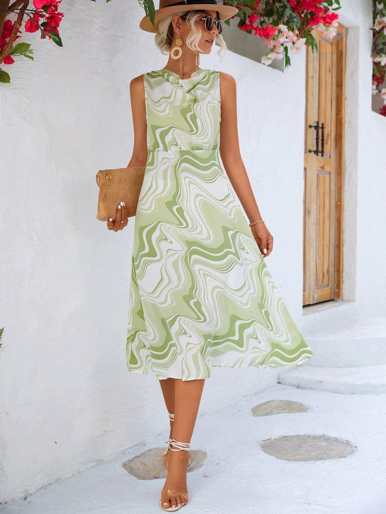 Printed Cowl Neck Sleeveless Dress - Trendsi