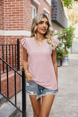 Eyelet Flutter Sleeve Scalloped V-Neck Top - Trendsi - Flyclothing LLC