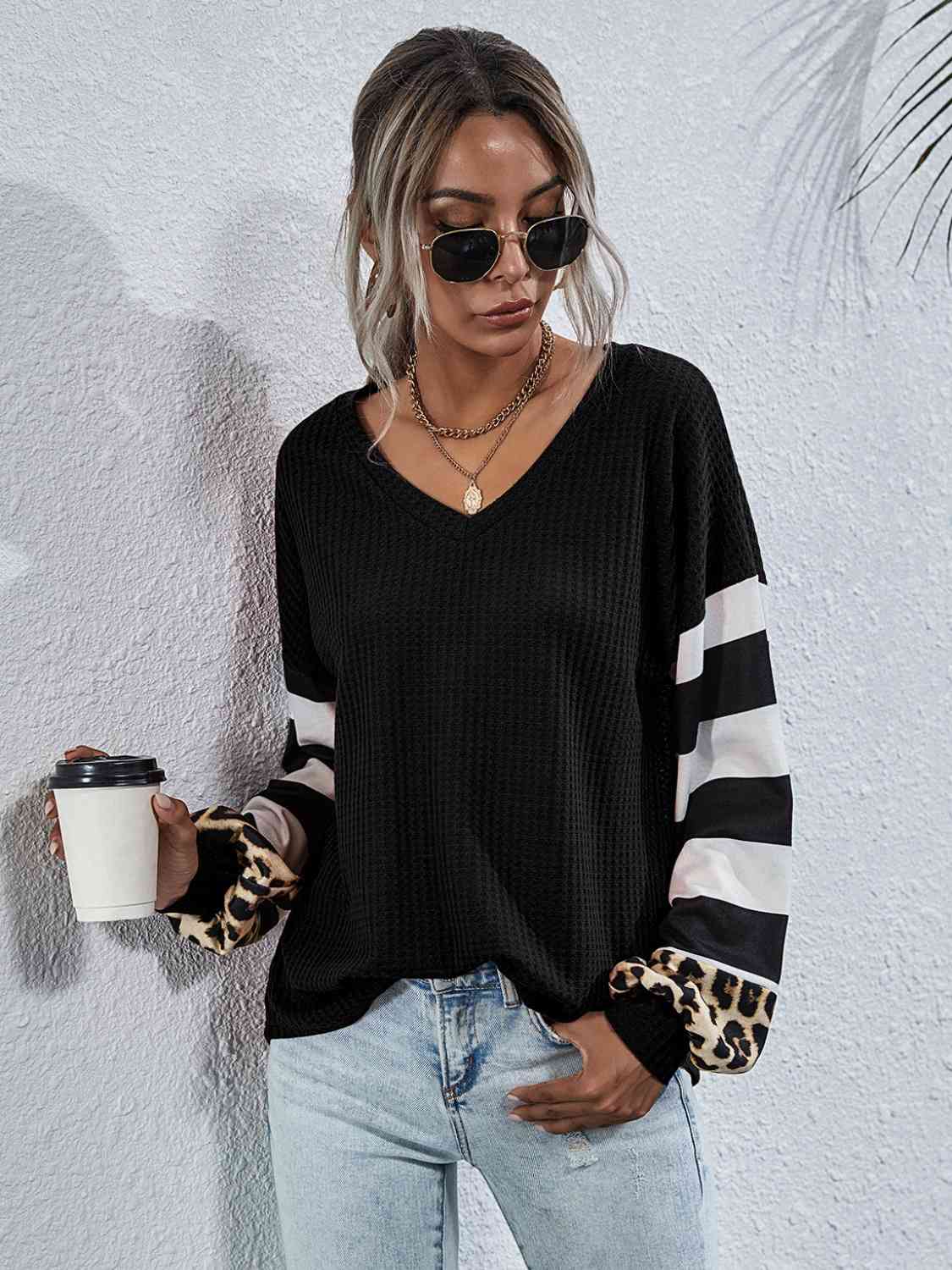 Leopard Striped Waffle-Knit Top - Trendsi - Flyclothing LLC