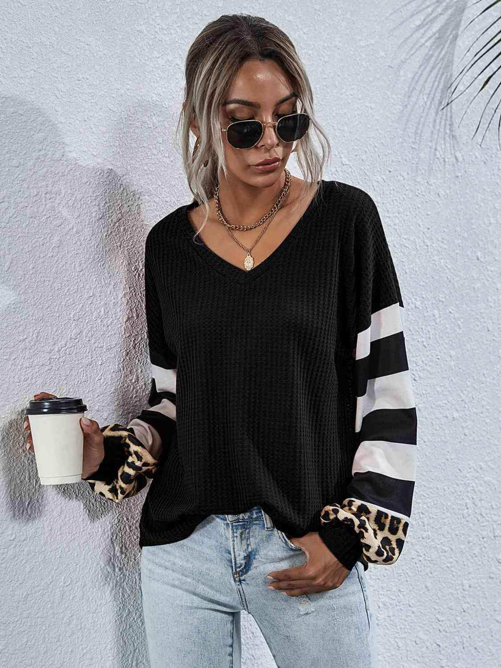 Leopard Striped Waffle-Knit Top - Trendsi - Flyclothing LLC