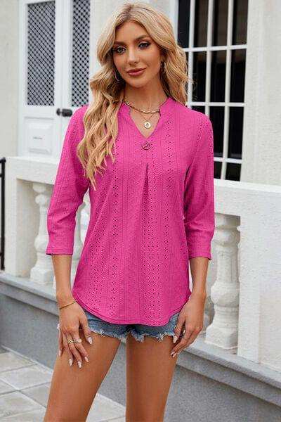 Eyelet Notched Knit Jacquard Top - Trendsi - Flyclothing LLC