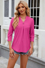 Eyelet Notched Knit Jacquard Top - Trendsi