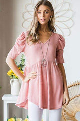 Heimish Full Size Waffle Knit V-Neck Babydoll Top - Trendsi - Flyclothing LLC