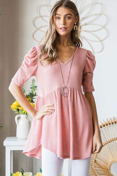 Heimish Full Size Waffle Knit V-Neck Babydoll Top - Trendsi - Flyclothing LLC