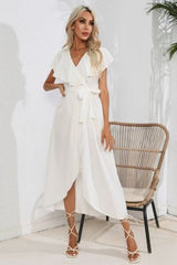 Ruffled Tied V-Neck Midi Dress - Trendsi