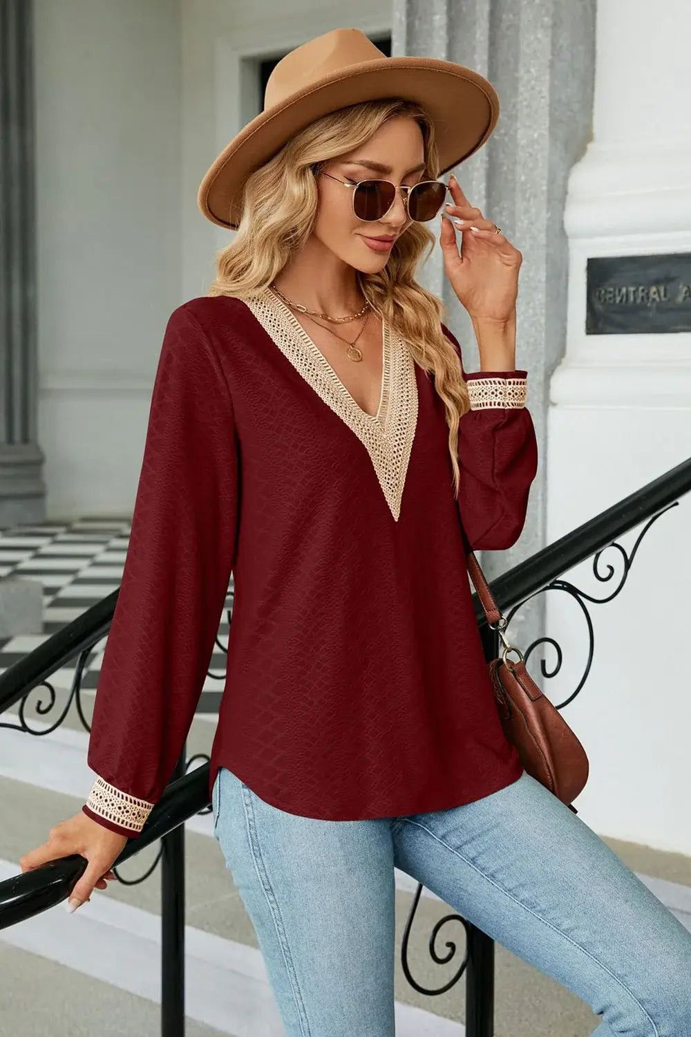 V-Neck Long Sleeve Blouse - Trendsi - Flyclothing LLC