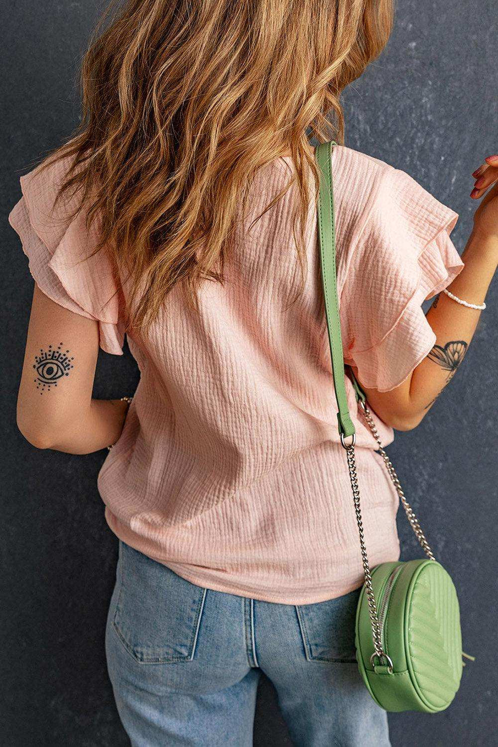 Textured Flutter Sleeve Keyhole Blouse - Trendsi - Flyclothing LLC