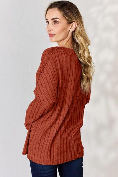 Basic Bae Full Size Ribbed Half Button Long Sleeve T-Shirt - Trendsi
