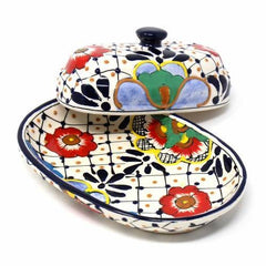 Handmade Pottery Butter Dish, Dots & Flowers - Encantada - Encantada