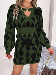 Contrast Round Neck Cutout Long Sleeve Mini Sweater Dress - Trendsi