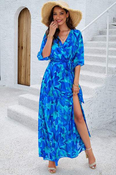 Printed Tied Half Sleeve Slit Dress - Trendsi - Flyclothing LLC