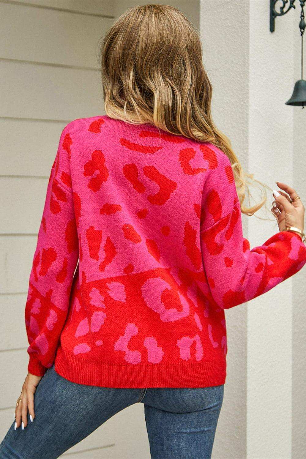 Leopard Round Neck Dropped Shoulder Sweater - Trendsi - Flyclothing LLC