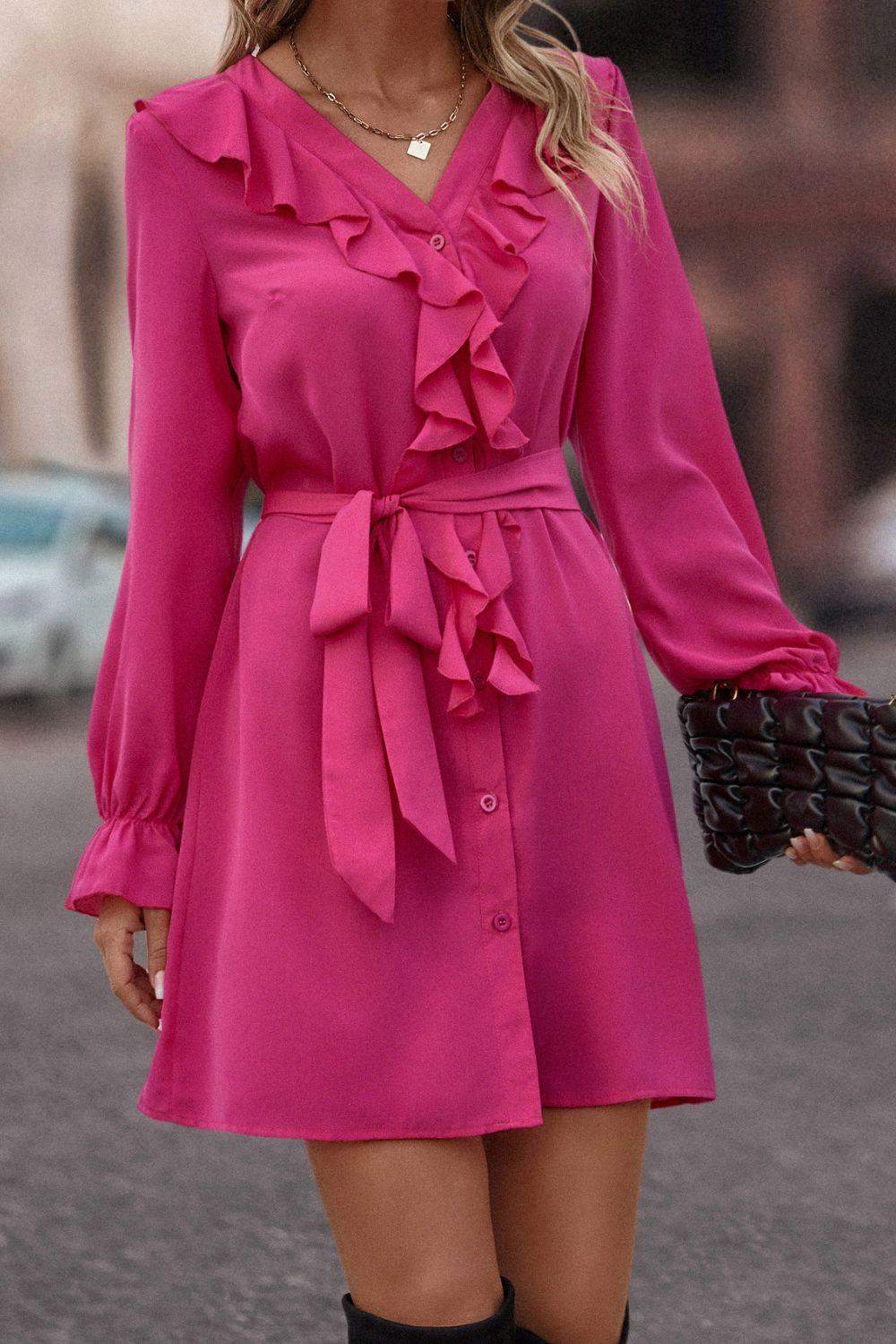 Ruffled Flounce Sleeve V-Neck Belted Dress - Trendsi - Flyclothing LLC