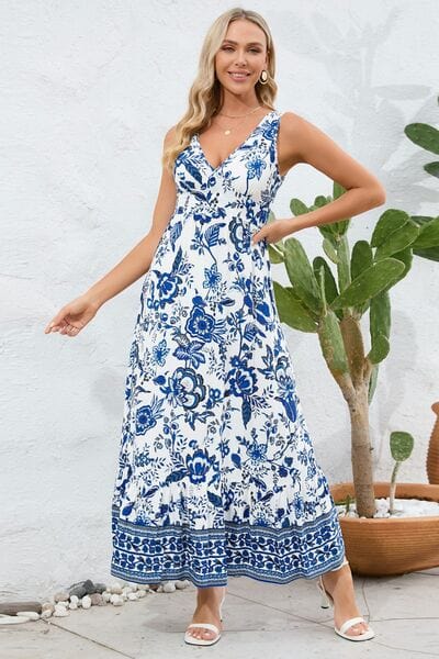 Printed V-Neck Wide Strap Dress - Trendsi