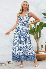 Printed V-Neck Wide Strap Dress - Trendsi - Flyclothing LLC