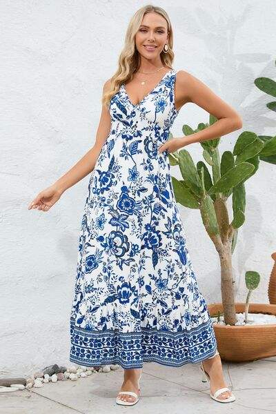 Printed V-Neck Wide Strap Dress - Trendsi - Flyclothing LLC