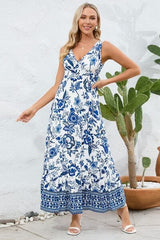 Printed V-Neck Wide Strap Dress - Trendsi