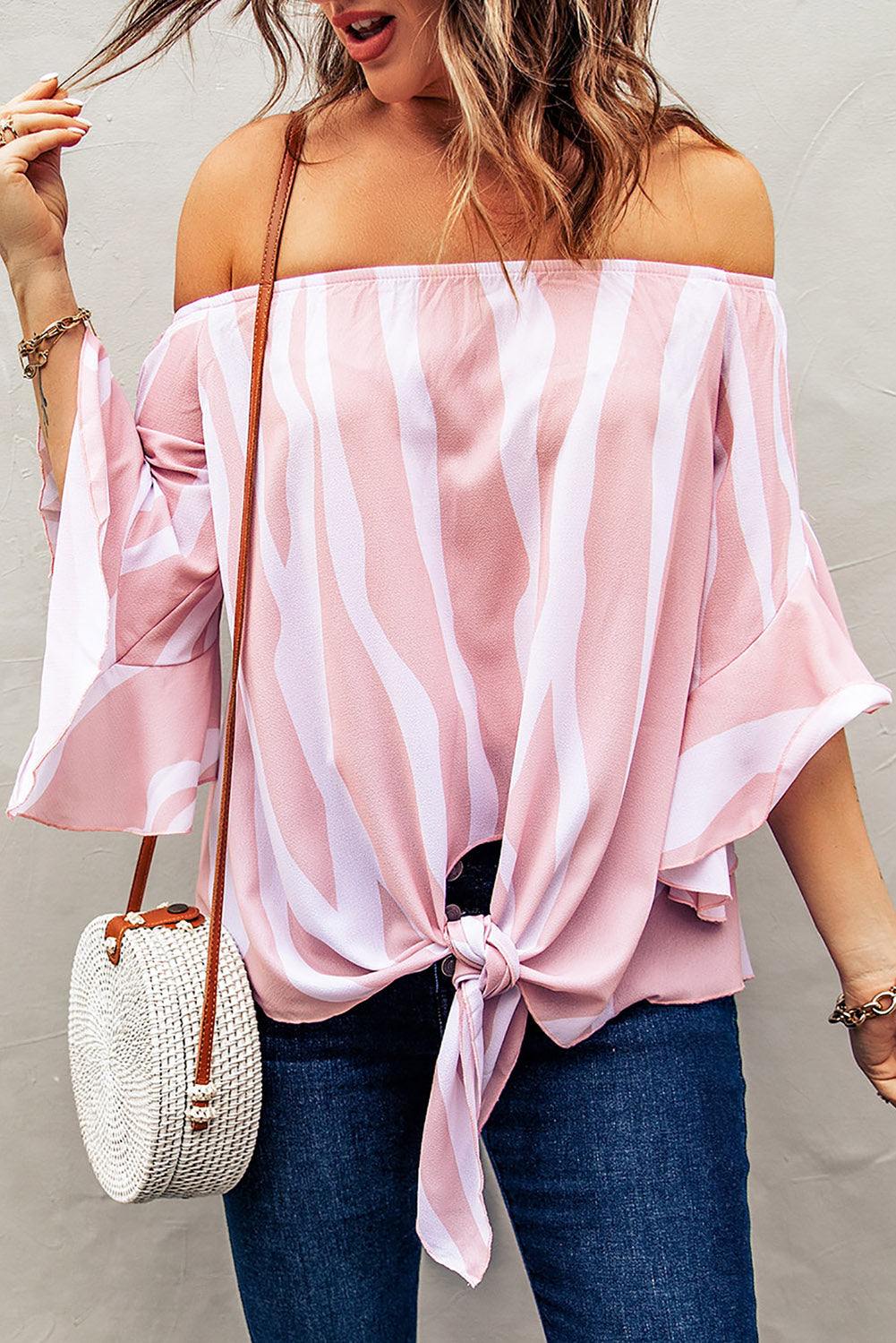 Striped Tie Front Flounce Sleeve Blouse - Flyclothing LLC