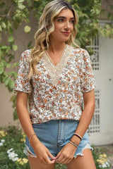 Floral V-Neck Short Sleeve T-Shirt - Trendsi - Flyclothing LLC