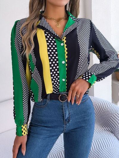 Polka Dot Contrast Long Sleeve Shirt - Trendsi