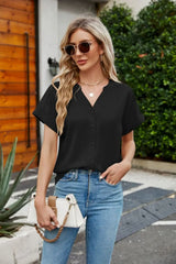 Notched Neck Cuffed Sleeve Shirt - Trendsi - Flyclothing LLC