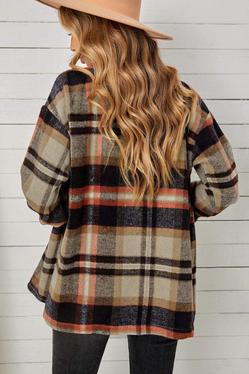Plaid Pocketed Button Down Shacket - Trendsi - Flyclothing LLC
