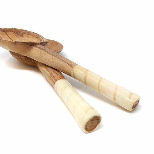 Olive Wood Salad Servers with Bone Handles, White with Etching Design - Flyclothing LLC