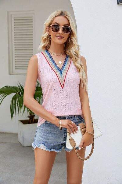 Contrast Eyelet V-Neck Tank - Trendsi - Flyclothing LLC
