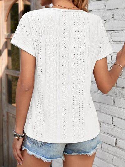 Eyelet V-Neck Short Sleeve T-Shirt - Trendsi