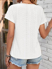 Eyelet V-Neck Short Sleeve T-Shirt - Trendsi