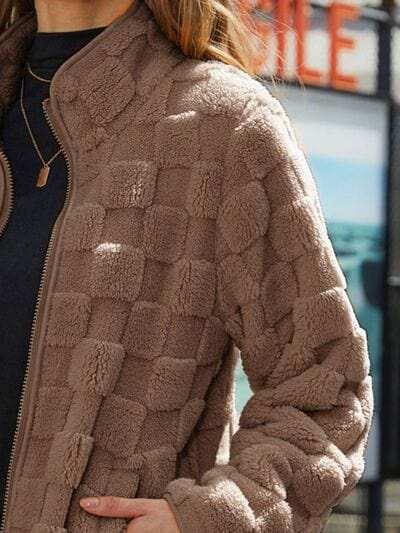 Fuzzy Checkered Zip Up Jacket - Trendsi - Flyclothing LLC