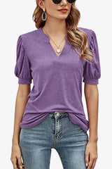 Notched Neck Puff Sleeve Tee - Trendsi