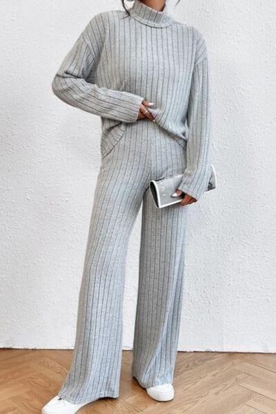 Mock Neck Dropped Shoulder Top and Pants Set - Flyclothing LLC