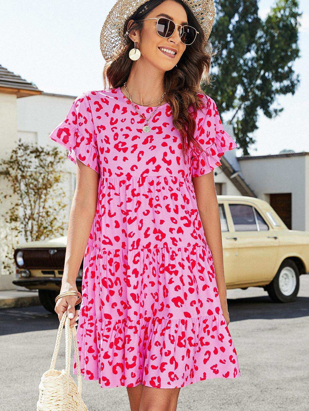 Leopard Short Flounce Sleeve Tiered Dress - Trendsi - Flyclothing LLC
