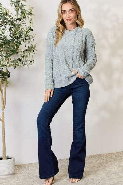 BiBi Cable Knit Round Neck Sweater - Trendsi - Flyclothing LLC