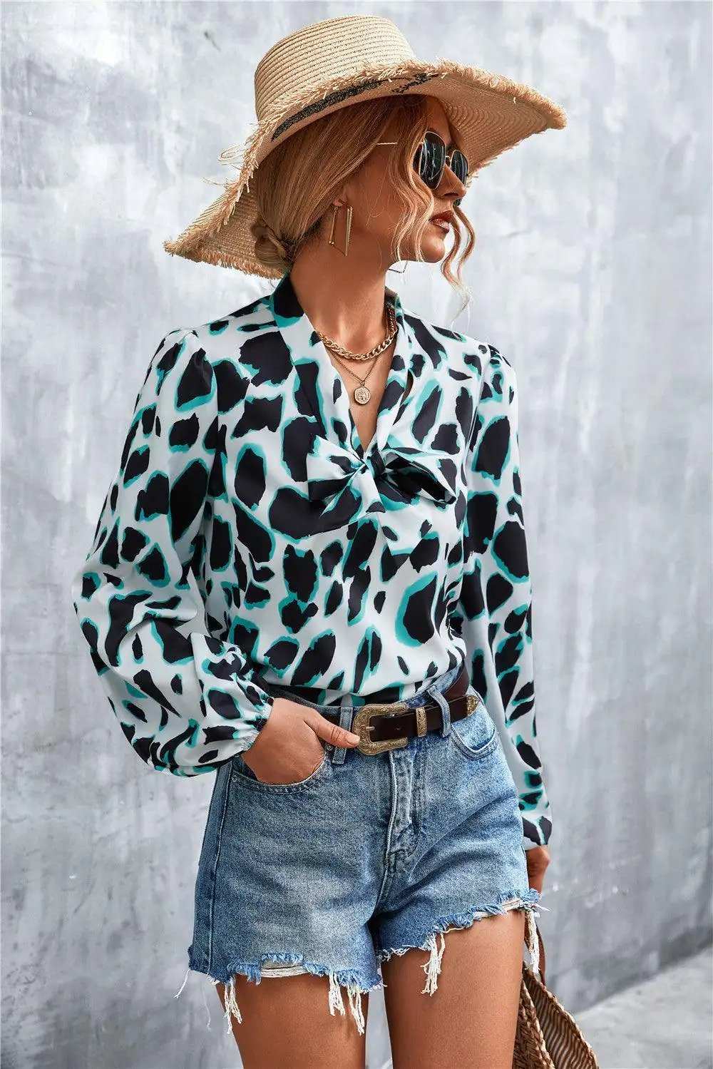 Printed Tie Neck Puff Sleeve Blouse - Trendsi - Flyclothing LLC