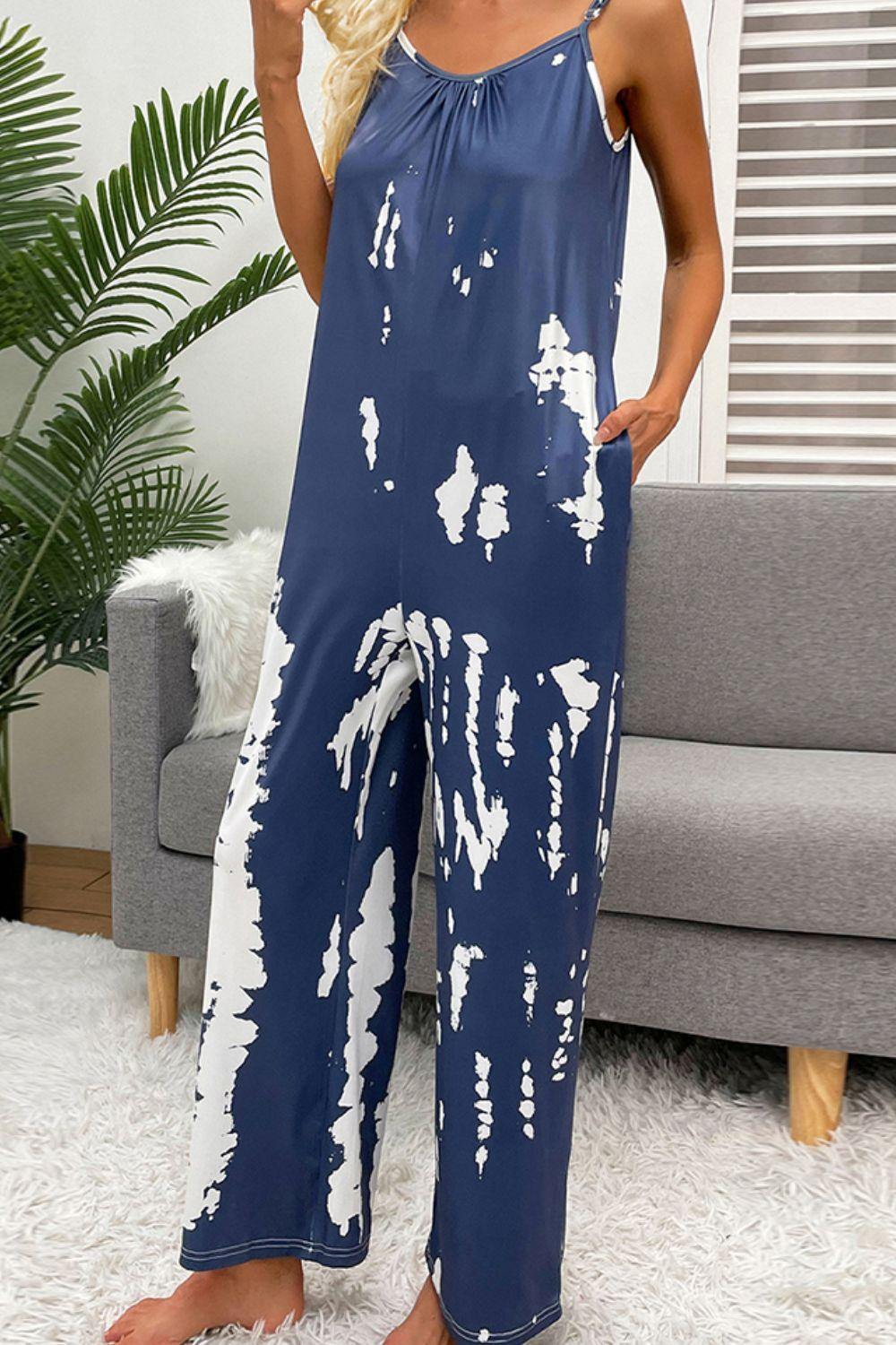 Tie-Dye Spaghetti Strap Jumpsuit with Pockets - Flyclothing LLC