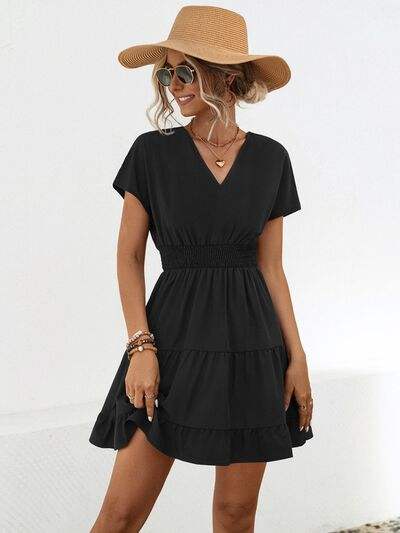 Ruffled Smocked V-Neck Tiered Dress - Trendsi - Flyclothing LLC
