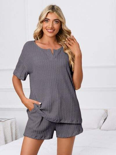 Notched Short Sleeve and Shorts Lounge Set - Trendsi - Flyclothing LLC