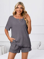 Notched Short Sleeve and Shorts Lounge Set - Trendsi