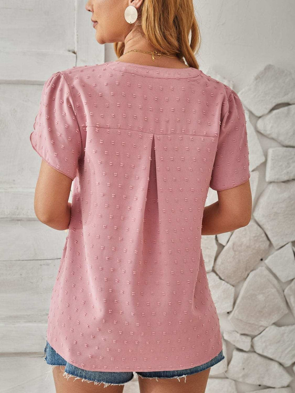 Swiss Dot Notched Petal Sleeve T-Shirt - Trendsi - Flyclothing LLC