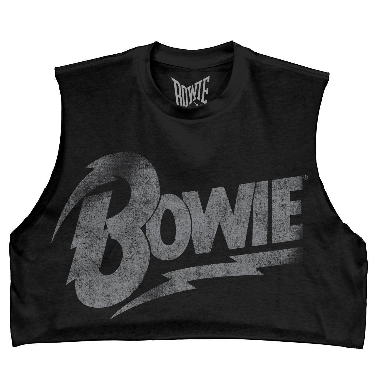 DISTRESSED DAVID BOWIE LOGO BLACK DIY MUSCLE CROP JUNIOR - Flyclothing LLC