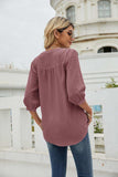 Swiss Dot Notched Neck Three-Quarter Sleeve Blouse - Trendsi - Flyclothing LLC