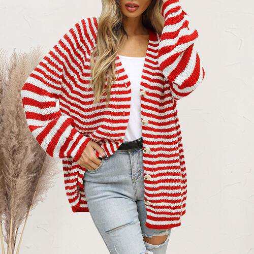 Striped Button Down Long Sleeve Cardigan - Trendsi - Flyclothing LLC
