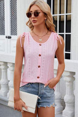 Eyelet Round Neck Wide Strap Tank - Trendsi - Flyclothing LLC