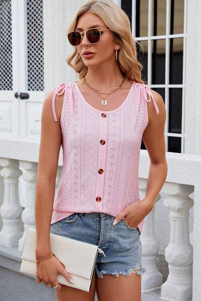 Eyelet Round Neck Wide Strap Tank - Trendsi - Flyclothing LLC